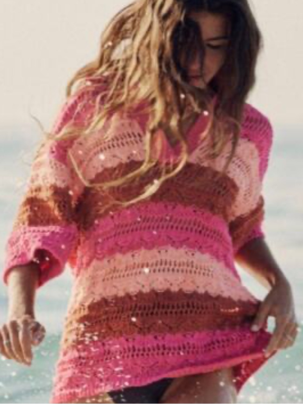 NWT ZARA Oversized Crochet Knit Polo Sweater Pink Brown Stripe Size S/M